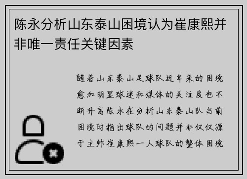 陈永分析山东泰山困境认为崔康熙并非唯一责任关键因素